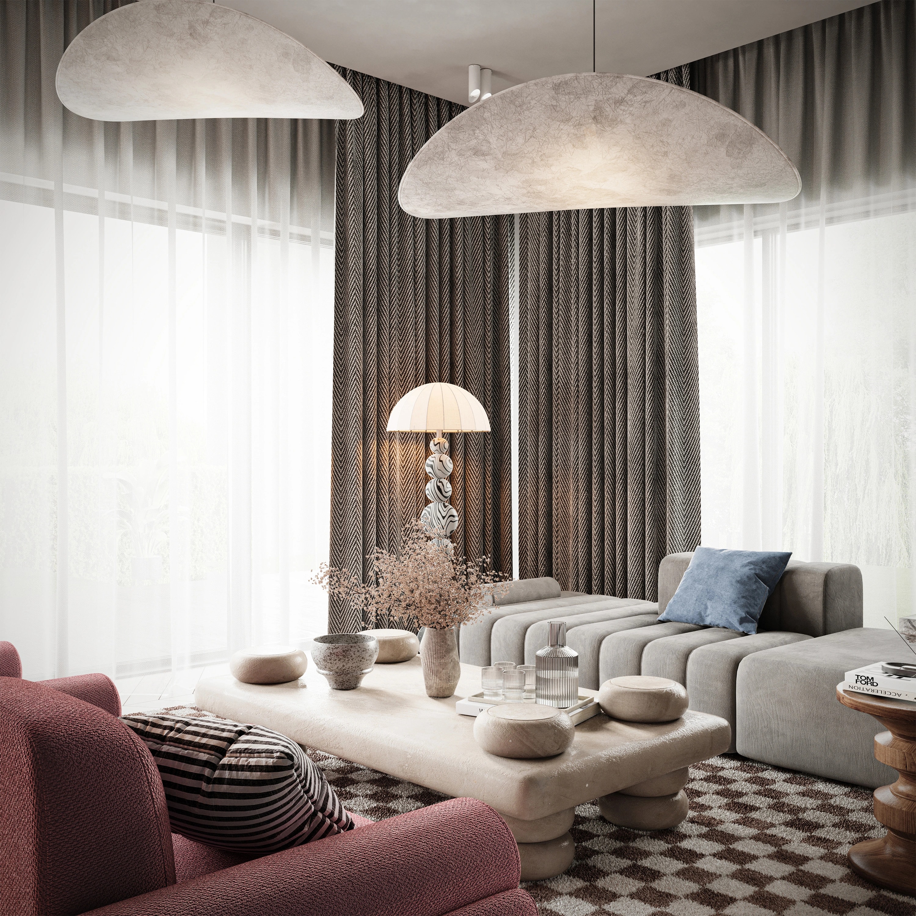 Widok na salon z lampami wiszącymi