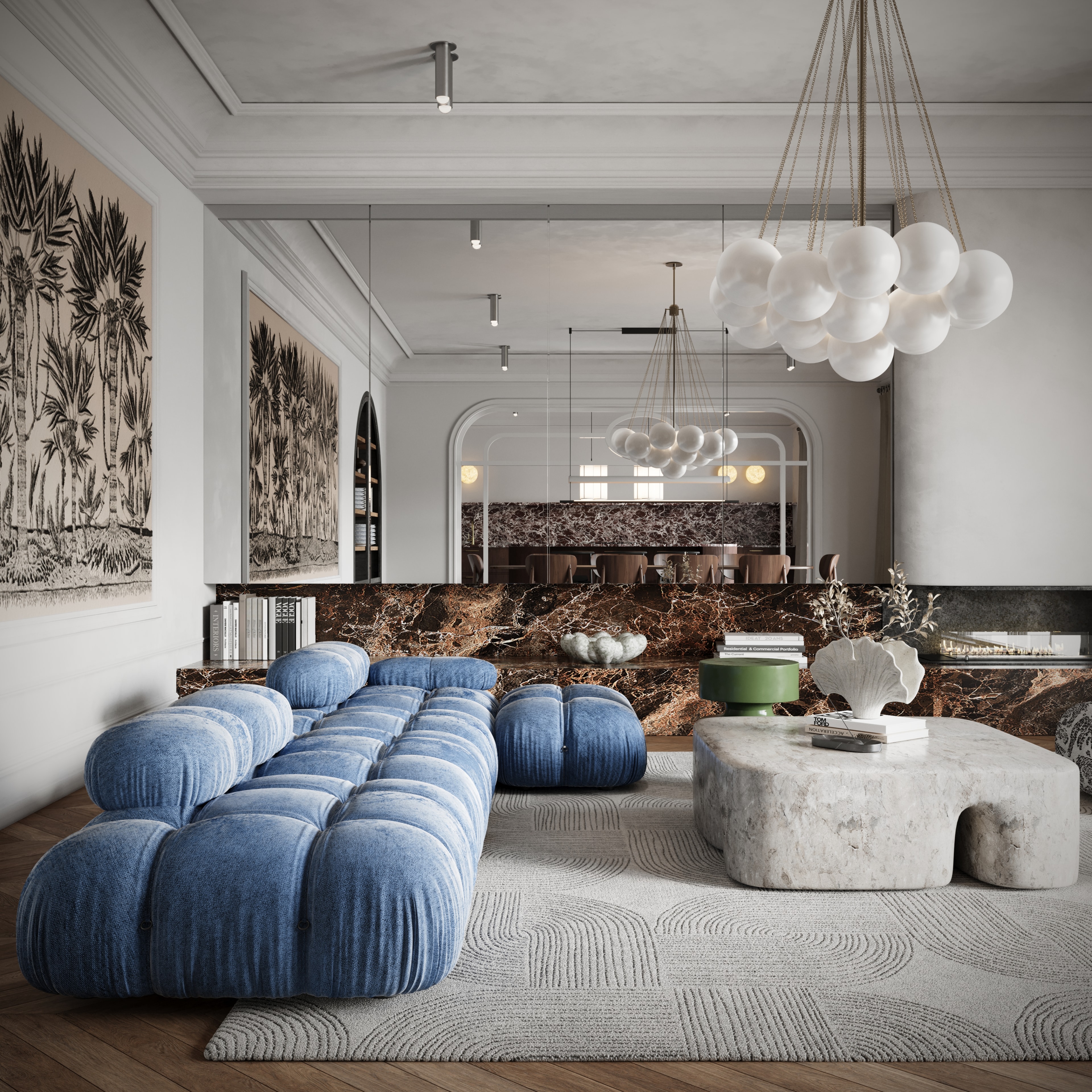 Widok na salon z modułową niebieską sofą